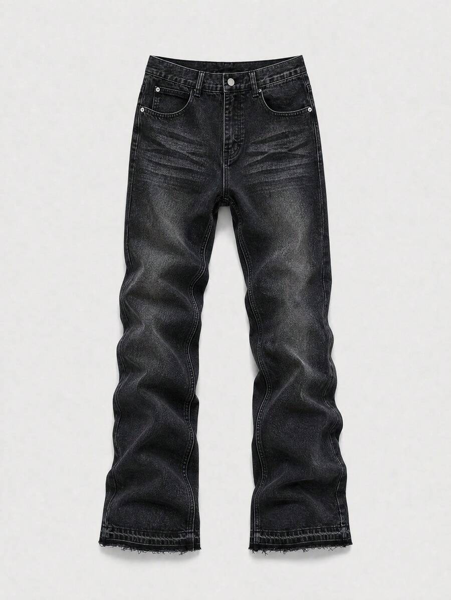 Jeans acampanados para hombres BAZR, pantalones vaqueros de ajuste slim, jeans de campana con parches, jeans apilados Y2K, jeans bordados desgastados, aptos para todas las estaciones - Negro - Ver 1