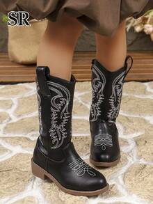 1 Pair Low Chunky Heel Embroidered Side Zipper Kids' Texas Boots, Fashion Versatile Retro Girls' Boots, Suitable For Daily Wear, Outdoor Vacation - Black - View 3