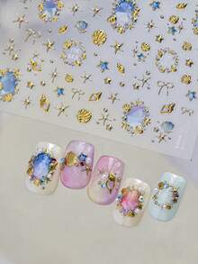 1 pieza Pegatina de arte de uñas con cristal de strass dorado, pegatina de decoración de uñas de textura premium, pegatina de arte de uñas DIY de concha metálica de alta gama, pegatinas de uñas - Dorado - Ver 2