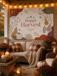 1件裝 Happy Harvest 秋季背景布條，極簡波希米亞抽象南瓜梨子植物線條藝術裝飾背景，適用感恩節農場派對、秋季拍照區、居家牆面、室內外節日掛飾 - B - 查看 3