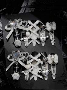 10pcs Japanese Style Black & White Y2K Sweet Cool Bow Tie Tie-Up Heavy Work 3D Heart Rhinestone Cat Paw Handmade Press-On False Nails, Long Pointed Removable Wearable Nails For Prom, Music Festival, Holiday, Suitable For Women And Girls As Gift And Outfit Accessory - Black and White - View 1