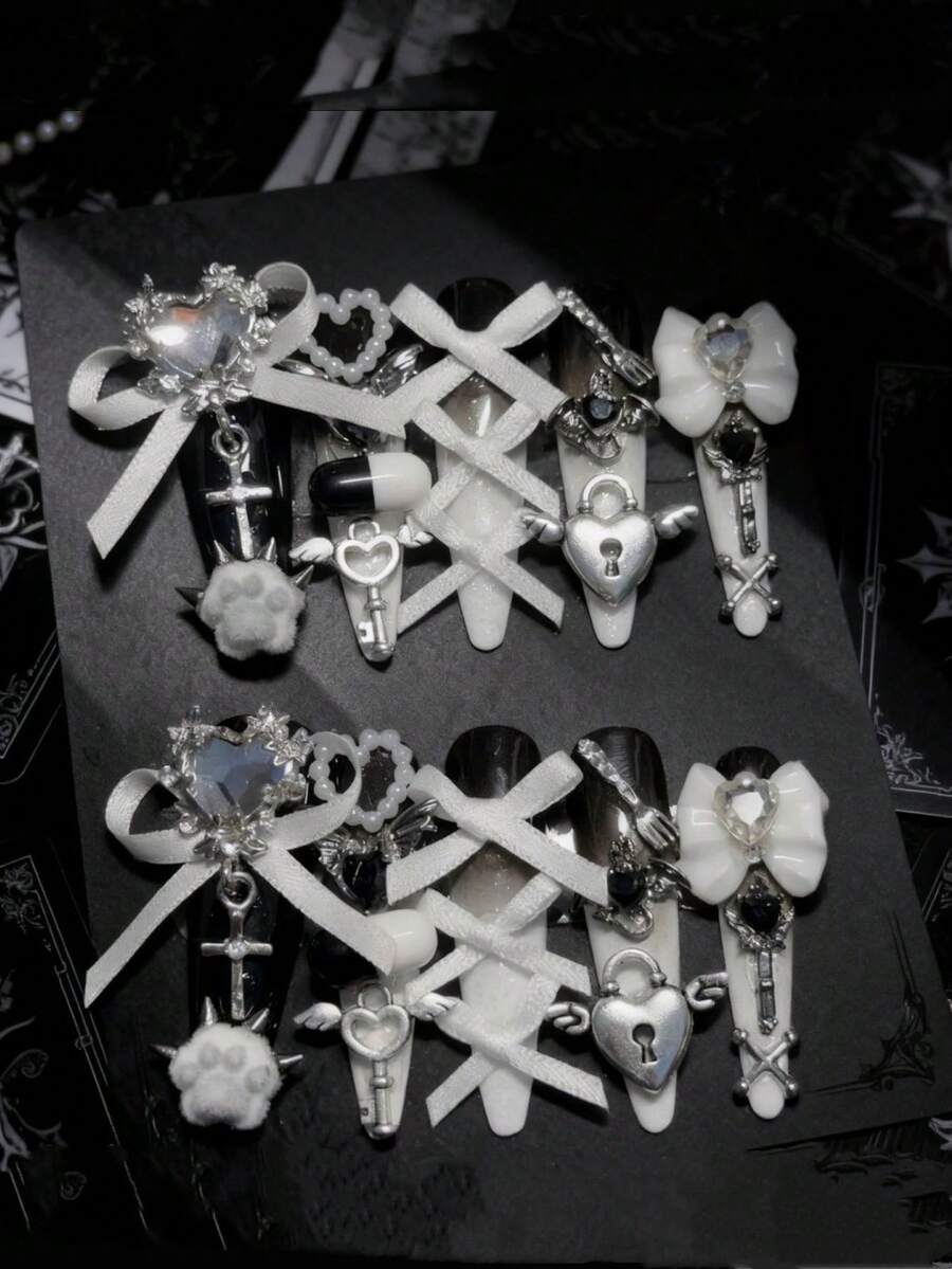 10pcs Japanese Style Black & White Y2K Sweet Cool Bow Tie Tie-Up Heavy Work 3D Heart Rhinestone Cat Paw Handmade Press-On False Nails, Long Pointed Removable Wearable Nails For Prom, Music Festival, Holiday, Suitable For Women And Girls As Gift And Outfit Accessory - Black and White - View 1
