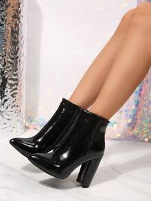 Pointed Toe, Patchwork Heel, Ankle Boots For Women. Side Zipper Design, PU Material. Elegant Ankle Boots Suitable For Evening Parties. - Black - View 2