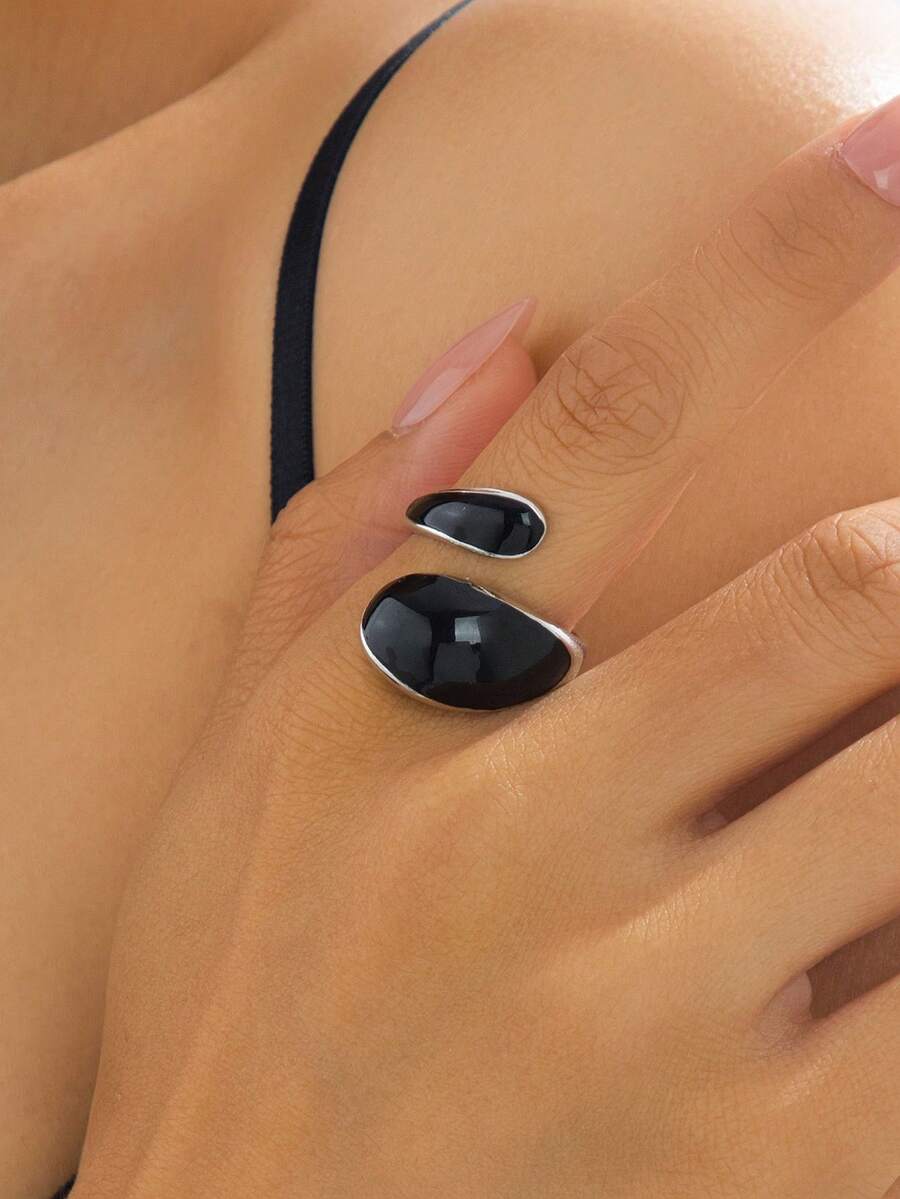 1件時尚極簡水滴油滴開口戒指,女款日常配戴 - 銀色 - 查看 1