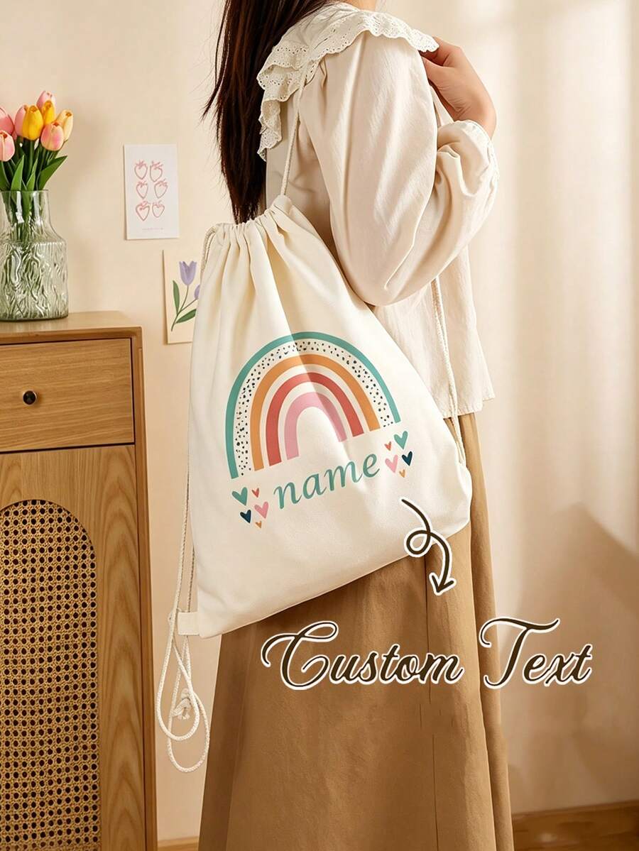 Custom Name Initial Print Rainbow Drawstring Gym Bag, Adjustable Lightweight Shoe Storage Bag, Reusable Sports Travel Bag, Personalized Birthday Back To School Gift, Unisex, Travel Organization Essentials - Multicolor - View 1