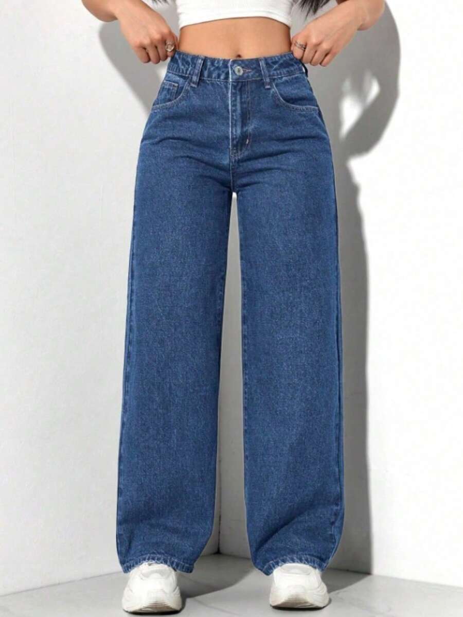 Calça Wide Leg Pantalona Jeans Feminina Cintura Alta Levanta Bumbum PLUS Size - Lavagem escura - Visão 1