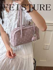 FEISTURE 1件人造皮革PU波點保齡球包 女款時尚單肩腋下包（關注商店可獲免費蝴蝶結吊飾）拉鍊開合，適合女孩、女性、大學生、職場新人與白領，完美適用於工作、商務、通勤、上學 - 粉色 - 查看 3