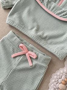 2Pcs/Set Baby Girl Soft Home Outfit, Lace Half-Zip Top And Bow Flare Pants Set - Green - View 12