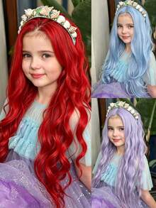 Wig Keriting Panjang untuk Anak Perempuan, Merah/Ungu/Biru Muda, Wig Cosplay Halloween untuk Bermain Peran Anak-Anak - MultiWarna - View 3
