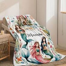 Customized Flannel Blanket, Printed With Exclusive Name, Numbered Mermaid Pattern And Pink Elements, Suitable For Bedroom, Living Room And Travel Scenes - Multi-Functional Practical Blanket - Multicolor - View 8