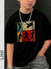 Camiseta de manga corta con cuello redondo y estampado informal para niños, top de verano - Negro - Ver 1