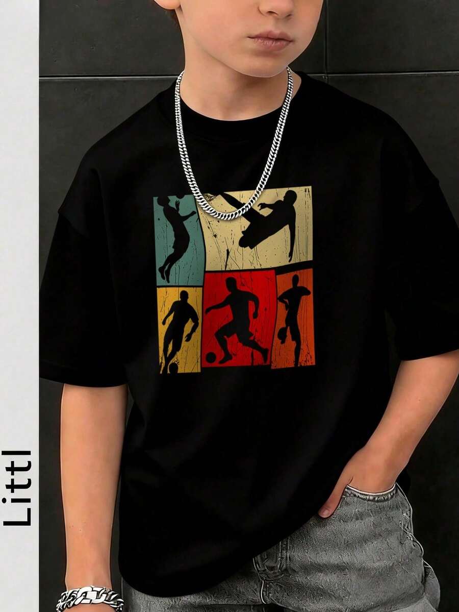 Camiseta de manga corta con cuello redondo y estampado informal para niños, top de verano - Negro - Ver 1