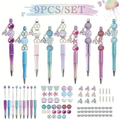 Blue And Purple Gradient Underwater World Mermaid Theme Acrylic Beads, Wooden Beads, Fish Tail Charms, DIY Beading Round Pen Set, Creative Office & Study Supplies DIY Bead Kit,Back To School Supplies, School Stuff, First Day Of School