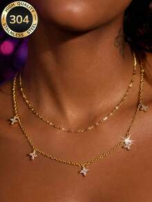 2pcs/Set 18k Gold Plated Women's Luxury Starry Four-Leaf Flower Stackable Necklace, 304 Stainless Steel Long-Lasting Color Retention, Non-Fading, Suitable For Office, Beach, Best Friend Gathering, Christmas Gift, Nightclub Party, Holiday Gift - 2-piece Set - View 1