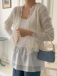 Solid Color Petal Hollow Design Knit Cardigan White - White - View 3