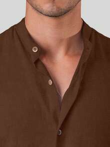Men's Brown Linen-Look Dunas Fabric Short Sleeve Mandarin Collar Shirt - Summer 2026 Shirt - Breathable Shirt - Beach Fashion - 棕色野馬 - 查看 4