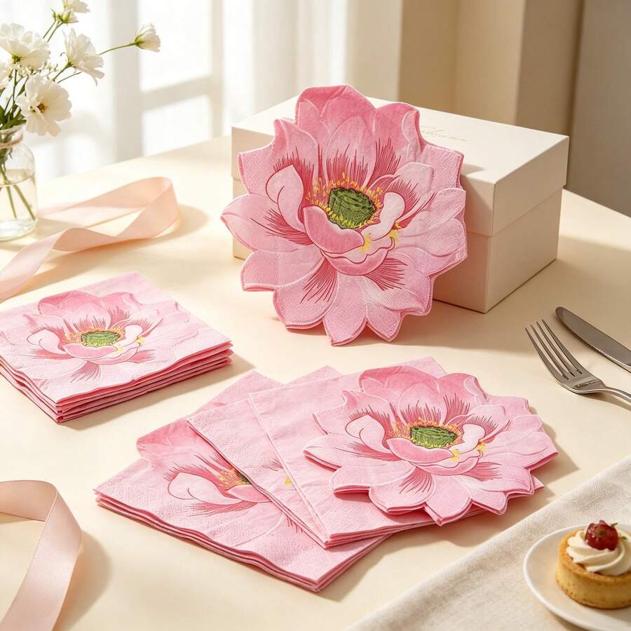 8/24/36pcs Pink Lotus Party Napkins, Unique Design Cocktail Napkins With Exquisite Lotus Petal Lace Edge. Perfect For Weddings, Princess Birthday Parties, Afternoon Tea, Outdoor Picnics And Girls Gatherings. - View 1