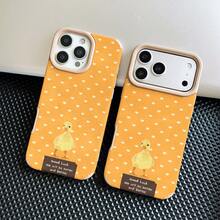 Yellow Background Heart Polka Dot And Duck Pattern Premium Leather Texture Anti-Drop Phone Case Protective Cover, Compatible With Apple 11/12/13/14/15/16/17/Plus/Pro/Promax Series Phone Models, A Great Choice For Holiday Gifts For Friends And Family - Brown - View 5