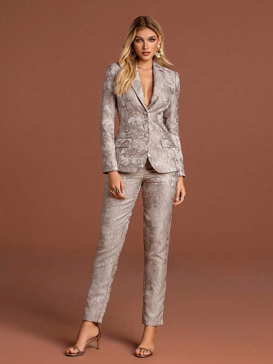 Women Fashion Collar Button Regular Sleeve Floral Print Non-Stretch Blazer Suit Set Perfect For A Chic And Stylish Look