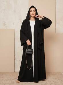 Hafizah 女款黑色長款條紋刺繡開襟外套夾克配頭巾 2件套 - 黑色 - 查看 4