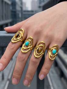 1 Piece 304 Stainless Steel 18K Gold-Plated Asymmetric Multi-Layer Hollow Natural Stone Open Ring/Waterproof And Fade-Resistant - Ring - View 4