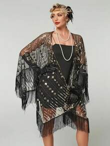 Vintage 1920s Sequin Embroidered Fringe Shawl Elegant Retro Polyester Breathable Mesh Short Capelet Woman'S Fashion Party Evening Dress Accessory - Multicolor - View 12