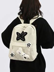 1 pieza Mochila casual con decoración de estrella & hueso Y2K, mochila escolar ligera de pana con cremallera, mochila casual de gran capacidad con múltiples bolsillos, adecuada para estudiantes/graduados/jóvenes, adecuada para regreso a la escuela/uso diario/compras/viajes cortos y actividades de ocio al aire libre - Multicolor - Ver 14