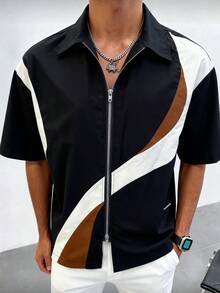 Men's Shirt With Dual-Zipper Colorblock Design & Letter Accent, New Summer Short Shirt - Black - View 4