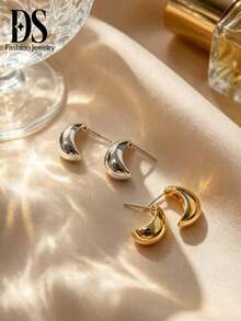 4 piezas/Set Pendientes de Botón Asimétricos en Forma de Gota de Agua Dorados & Plateados, Joyería Metálica Elegante para Mujeres - Estilo C, 2 pares - Ver 3