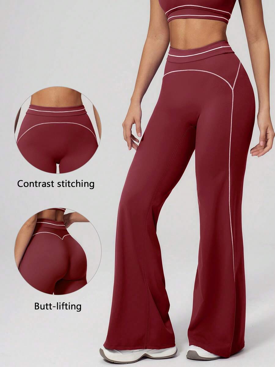 TimeOff Women's 1pc Contrast White Line High Waist Tummy Control Butt Lift Wide Leg Sports Pants - Burgundy - View 1