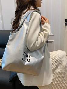 Dedoo 女款大容量單肩托特包，字母印花金屬感皮革，適合年輕女性日常通勤、購物、休閒手提包，四季皆宜 - 銀色 - 查看 8