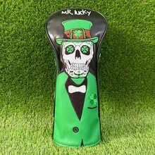 St. Patrick's Day Lucky Four-Leaf Clover & Skull Embroidered Golf Club Headcover, Good Luck Design, Unique Eye-Catching Golf Accessory Gift - Black - View 12