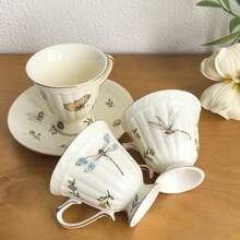 1 Set 2pcs 200ml European Vintage Pastoral Style Insect Pattern Gold Rim Coffee Cup & Saucer Set, Exquisite Tea Set For Hotel, Home, Afternoon Tea, Holiday Gift - Apricot - View 6
