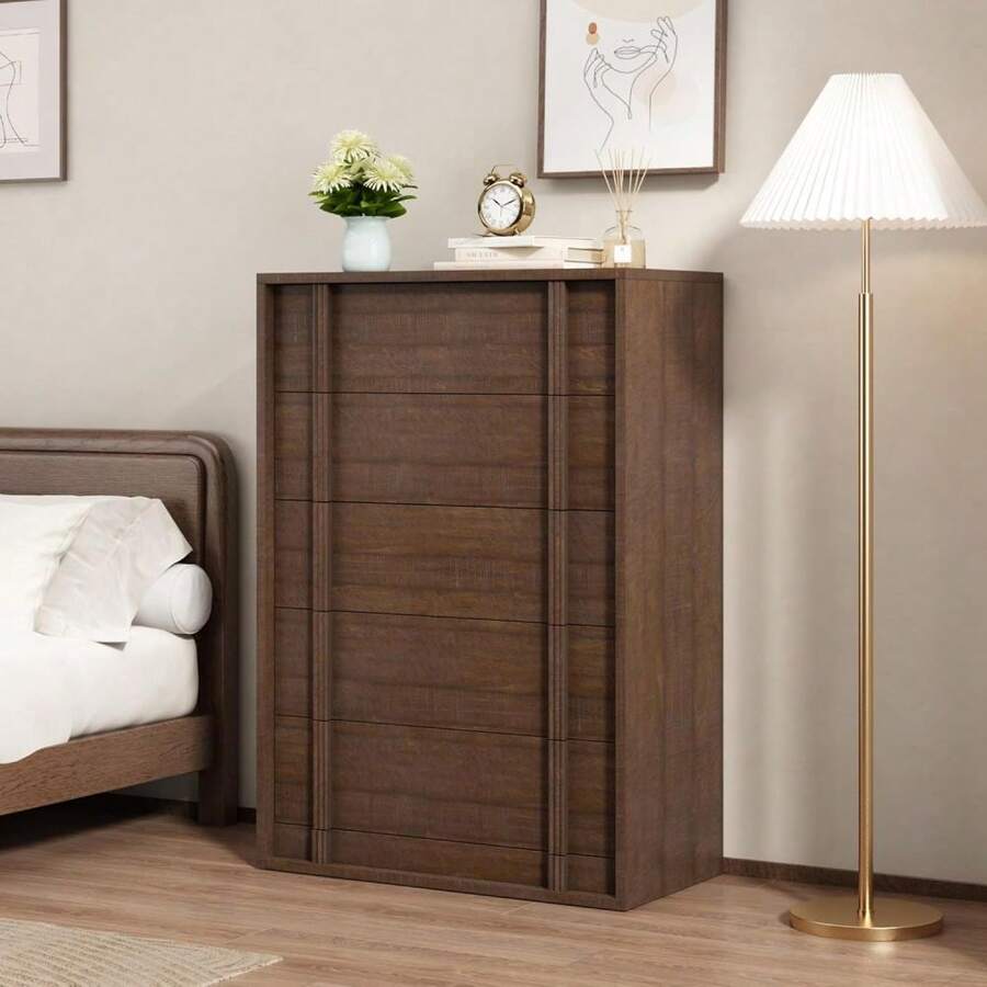 Modern Vertical Handle Bedside Table – 3/4/5 Drawers Wooden Bedside Cabinet – Space-Saving Storage for Bedroom, Living Room, Entryway – Natural Oak - Braune Kommode mit 5 Schubladen - Übersicht 1