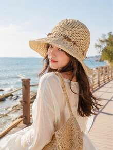 1pc Women's Crochet Wide Brim Foldable Straw Hat, Minimalist Fashion Versatile, Suitable For Summer Beach Vacation - B - View 16