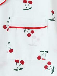 2 Pieces Set Comfortable Cherry Print Lapel Button Short Sleeve Top With Pocket And Bow Shorts, Spring/Summer Women's Pajamas Loungewear Set Suitable For Home Use - White - View 5