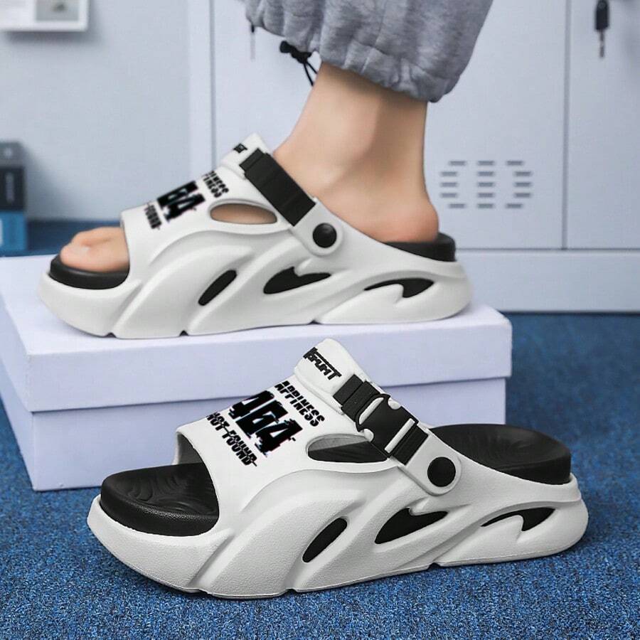 Men's Letter Print Design Soft Sole Slippers With Double Layer Hollow Thick Sole, Adjustable Strap, Dual Color EVA Sports Sandals, Lightweight Slip-On Design, Comfortable Casual Open Toe Slides For Bathroom, Beach, Daily Street Wear - White and Black - View 1