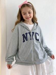 1pc Young Girls New Letter Print Zip-Up Hooded Jacket Cute Casual Children's Sweatshirt - Light Grey - View 3