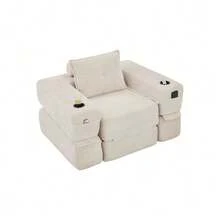 Folding Corduroy Sofa With High-Density Foam And Spring Core For Stable Seating, Side Pocket And Cup Holder, Armrest With Zip, Vacuum Packed, Easy Assembly, For Apartment And Living Room. - 米色 - 查看 8