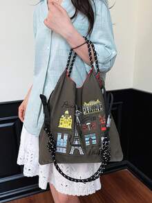 女款手提布製托特包，大容量防水絲綢布料刺繡托特包，附個性化圖案，便攜式單肩托特包 - 灰色 - 查看 2
