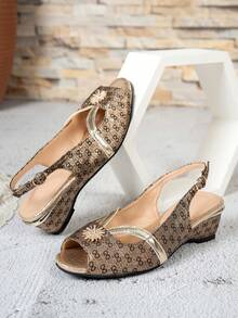 Women's Shiny Lace Peep Toe Wedge Sandals With Rhinestone Sunflower Decor And Adjustable Ankle Strap, Versatile For Party, Commute And Summer Wear - Coffee Brown - View 9