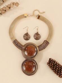 2pcs Handmade Minimalist Elegant Aluminum Wire Round Necklace & Earrings Set For Women, Versatile For Evening Party - Brown - View 6