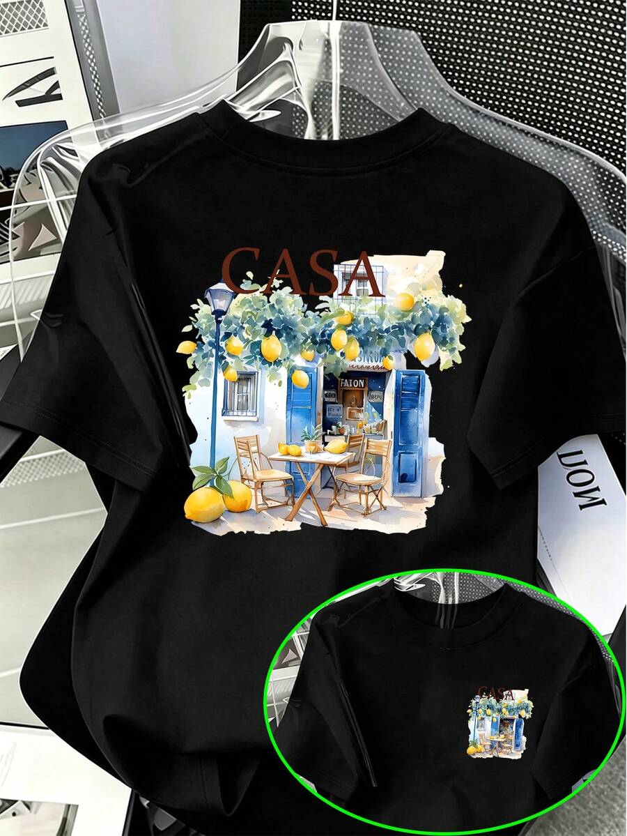 ChristmasAmerican Mediterranean Vacation Style CASA Letter Print-Shirt Men, Watercolor Lemon White Cottage Pattern Design,Hot Item - 黑色 - 查看 1