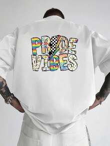 Camiseta T-shirt Masculina Ombro Descaído, Vibes Pride,Arco-Íris, T-shirt Masculina de Corte Larga, Novo Estilo Trendy de Roupa Masculina, para Desporto Casual Diário - Branco - Visão 4