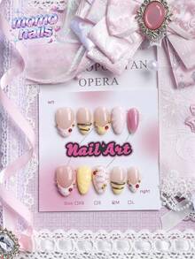 10pcs Handmade Medium Almond Shape Classic French Pressed Flower False Nails, Gold Beads With Hand-Carved Floral Design, Pink Yellow Solid Color, Red Gold Pink Polka Dot Pattern, Suitable For Party, Dance, Daily Wear, Comes With Tool Set, Perfect Gift For Women And Girls - Multicolor - View 4
