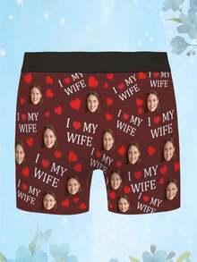 Men's Custom Boxer Briefs With Printed Wife Photos And "I LOVE MY WIFE" Letter And Red Heart Pattern, Royal Blue Color, Made Of Soft Breathable - Burgundy - View 4