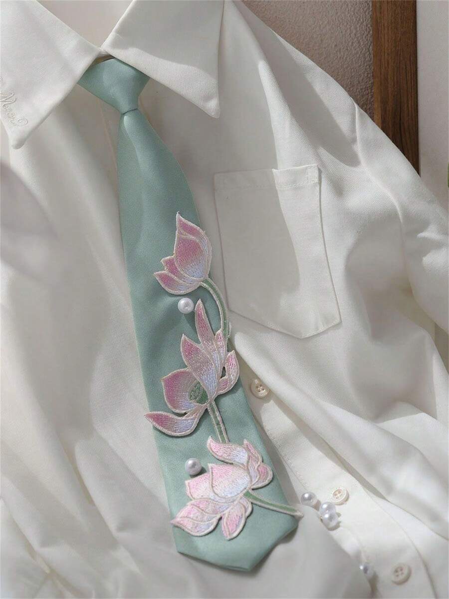 1件中式刺繡荷花領帶,女款與男款領帶,荷花刺繡領帶,刺繡荷花珍珠領帶,女性禮物,生日禮物,女性配件,海灘配件 - 彩色 - 查看 1