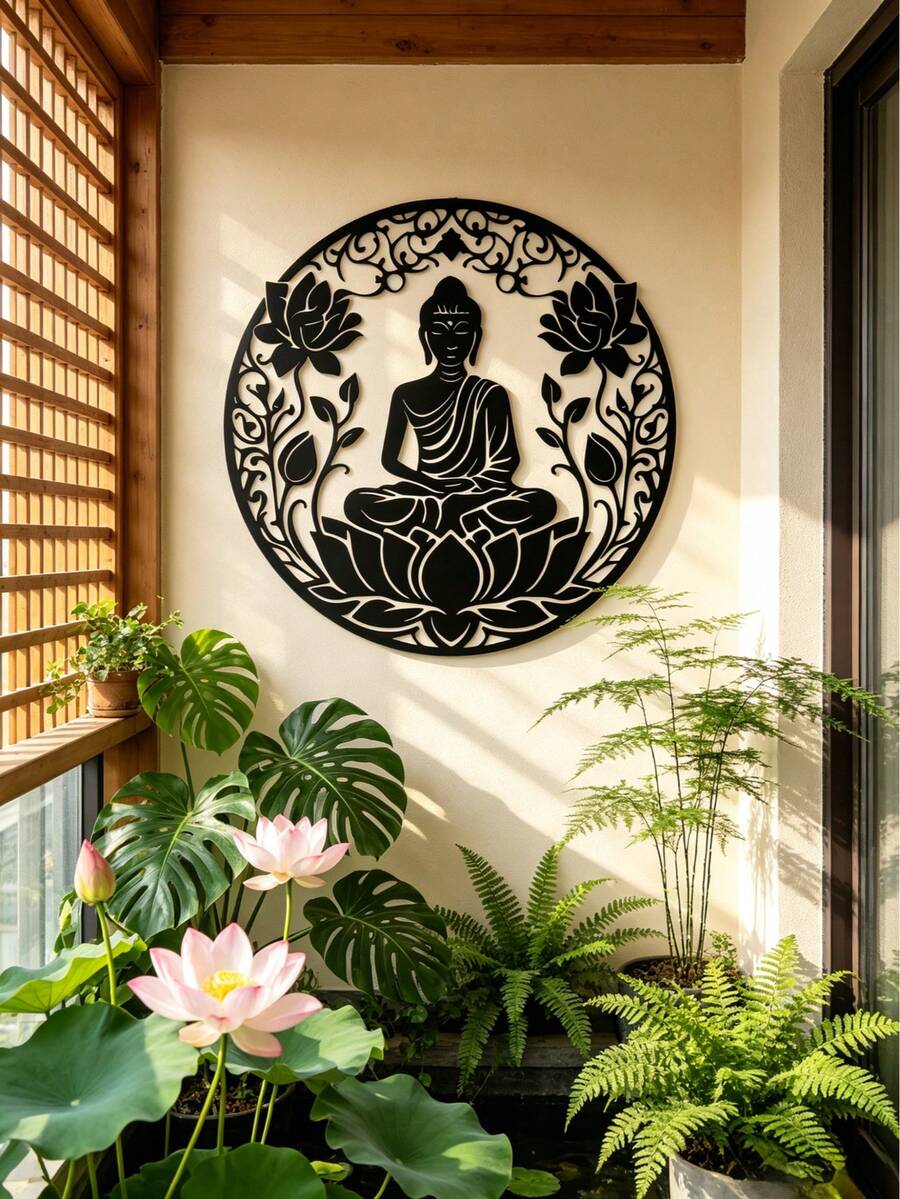 1件 2D平面佛陀蓮花曼陀羅金屬壁飾－黑色剪影禪意靈性裝飾，適合冥想室、居家與花園裝飾、茶室及瑜伽教室，送給朋友、家人與追求內心平靜者的舒心家居禮物