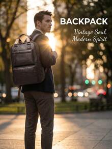 NEWHEY Multi-Compartment PU Soft Leather Men's Backpack Fits 15.6-Inch Business Laptop Large Capacity Travel Bag Lightweight School Bag Daily Personal Item - Brown - View 5
