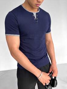 ZYNTH BALENO T-shirt homme mode d'été 2 en 1 ajusté à épaules régulières, col Henley, manches courtes, essentiel pour les sports d'été - Bleu marine - Voir 2